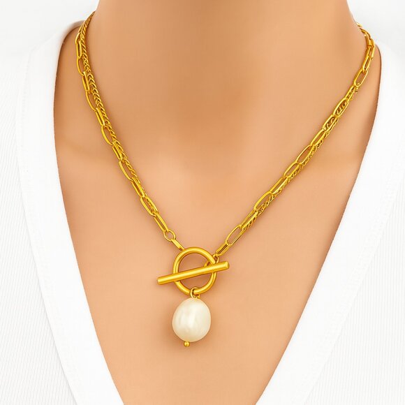🆕️Dainty Pearl Pendant Necklace & Bracelet Set 18K Gold Plated Stainless Steel - Picture 4 of 11